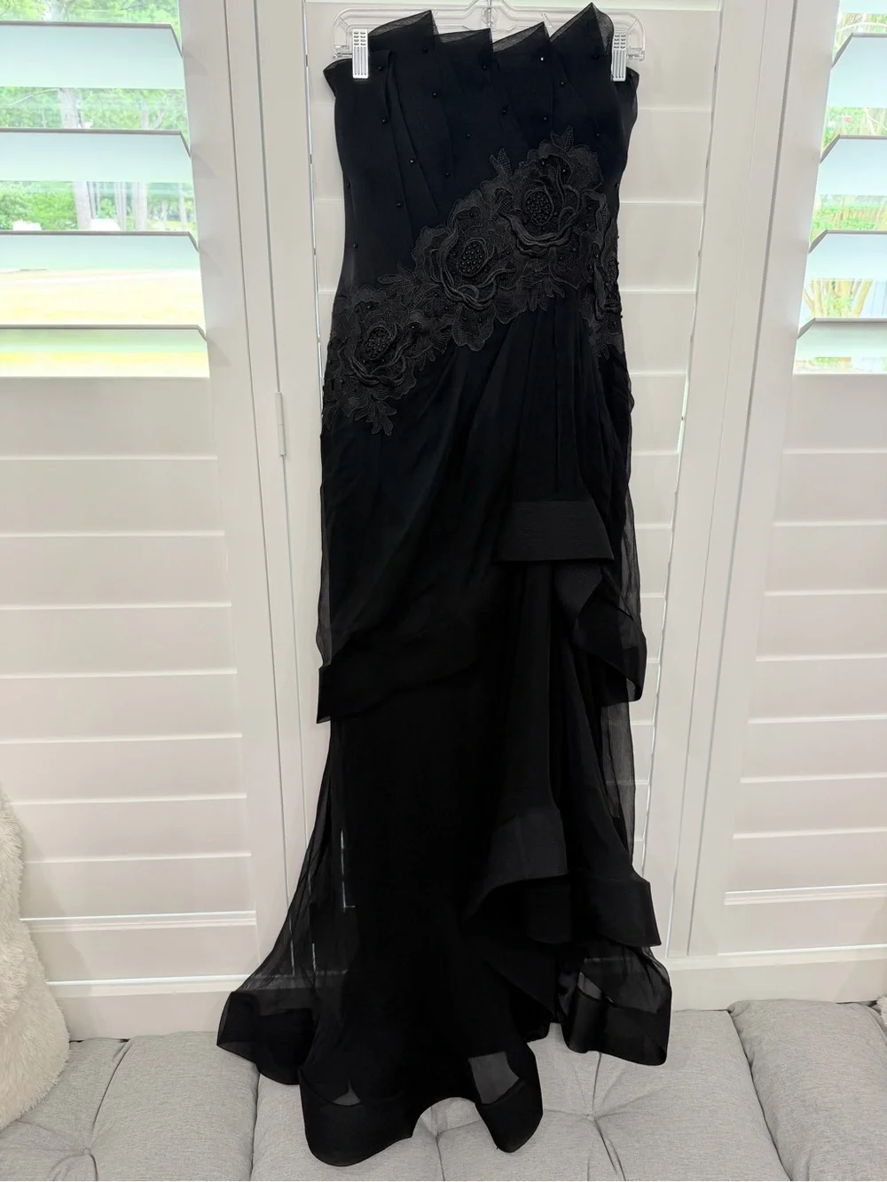 Black Strapless Floral Appliqué Evening Gown